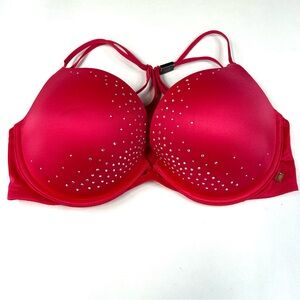 NEW Very Victorias Secret 32DD Pushup Bra Padded Solid Red Bedazzled #2554